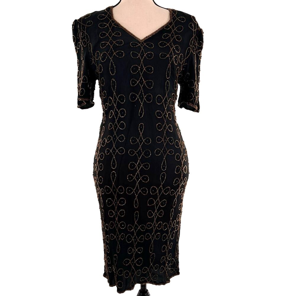 vintage Med 1980s black body-con beaded evening cocktail dress 100% silk Medium